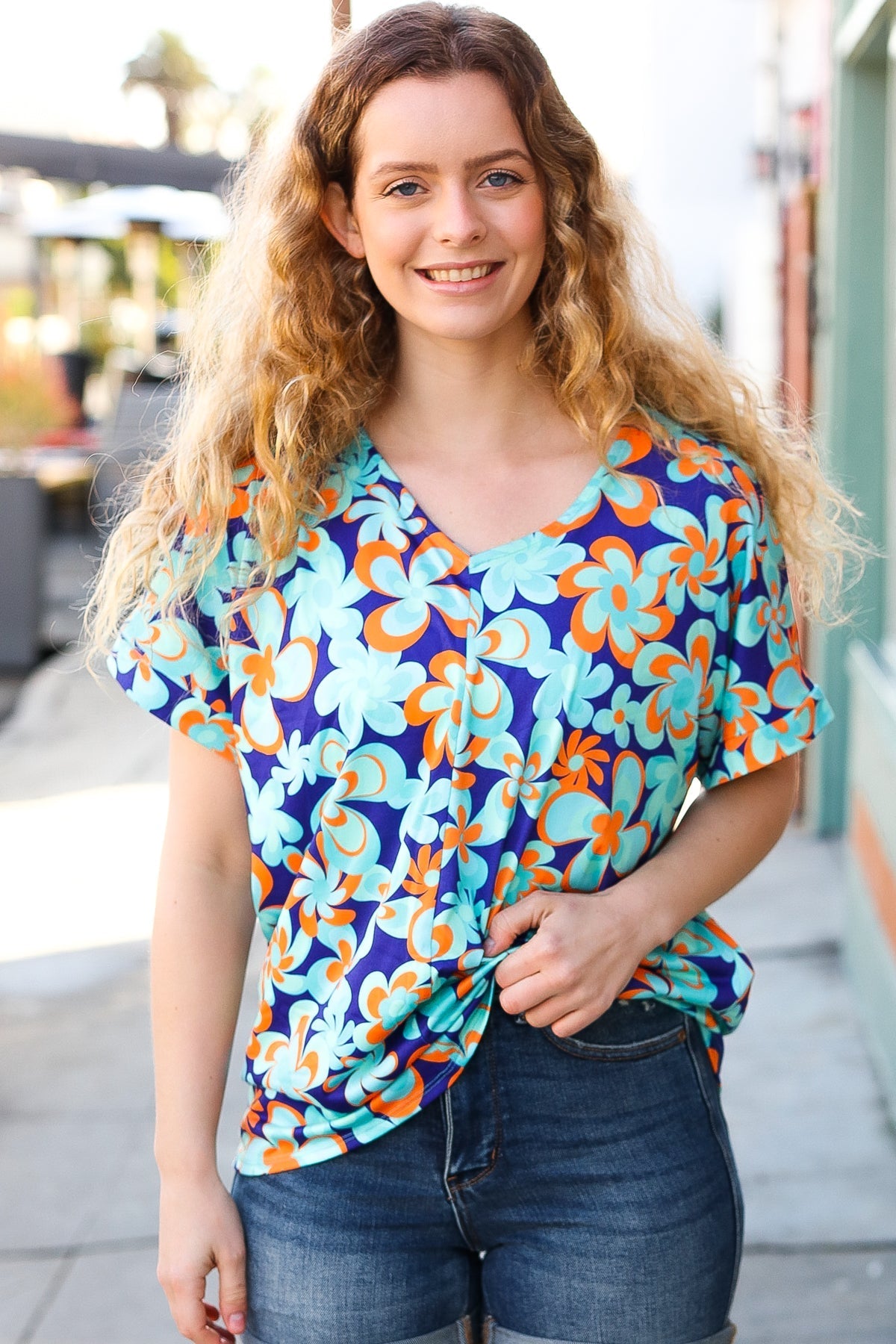 Blue & Orange Flat Floral V Neck Top - Bitsy Gypsy Boutique