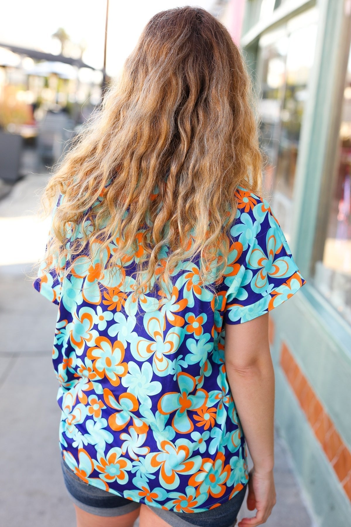 Blue & Orange Flat Floral V Neck Top - Bitsy Gypsy Boutique