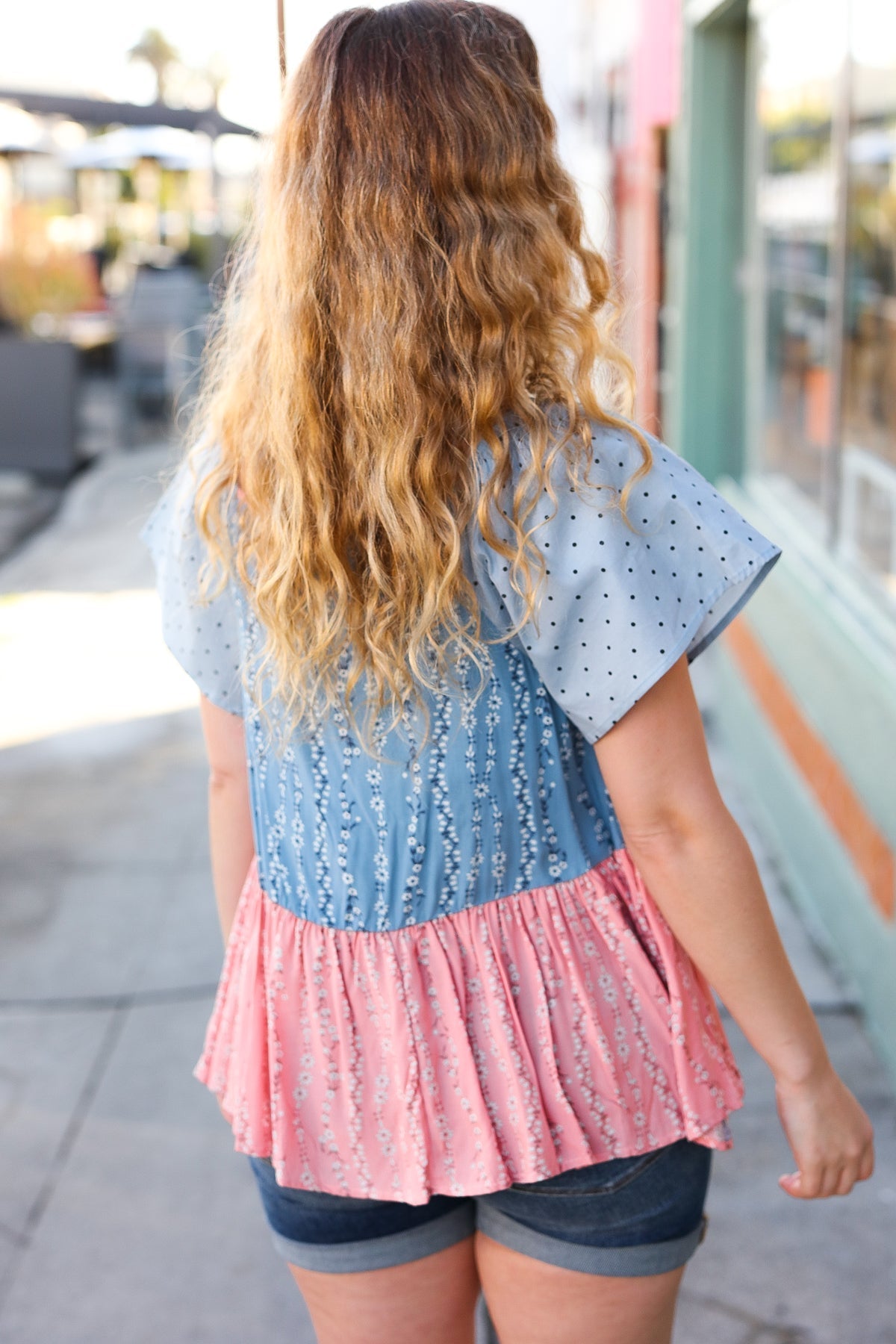 Blue & Pink Polka Dot Floral Tie Front Babydoll Top - Bitsy Gypsy Boutique