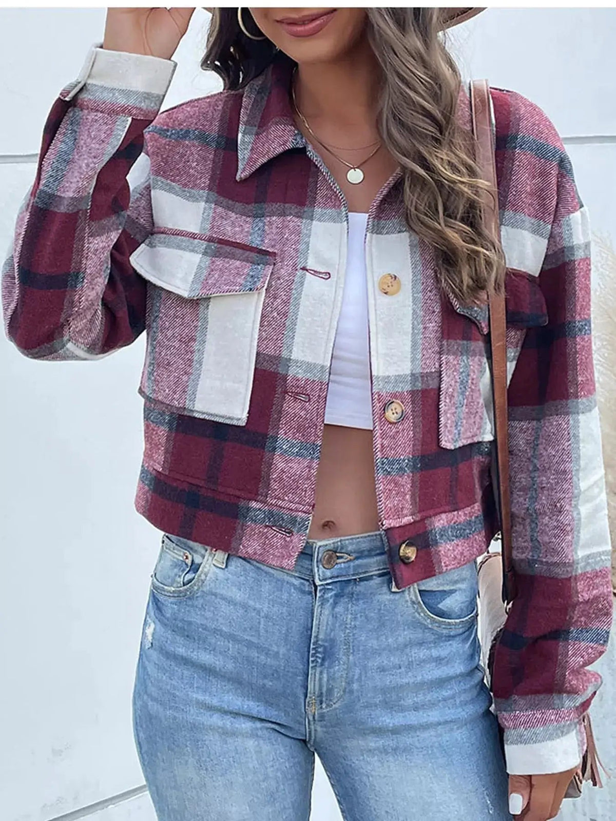 Blue Plaid Button Front Cropped Pocketed Jacket - Bitsy Gypsy Boutique