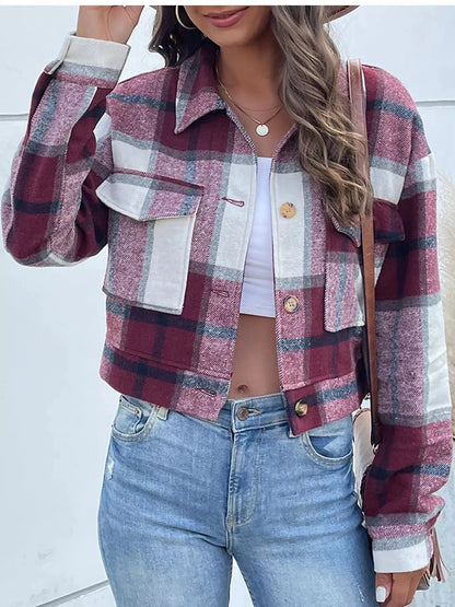 Blue Plaid Button Front Cropped Pocketed Jacket - Bitsy Gypsy Boutique