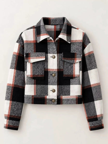 Blue Plaid Button Front Cropped Pocketed Jacket - Bitsy Gypsy Boutique