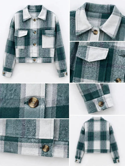 Blue Plaid Button Front Cropped Pocketed Jacket - Bitsy Gypsy Boutique