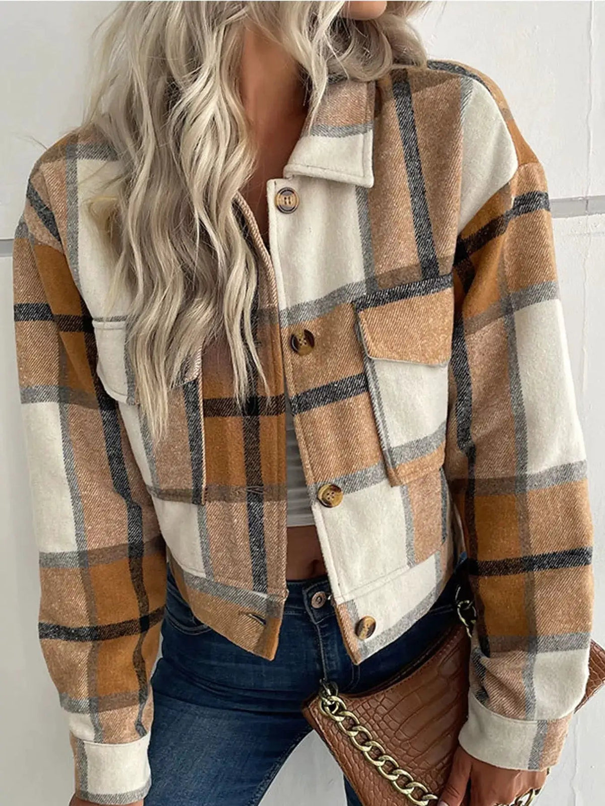 Blue Plaid Button Front Cropped Pocketed Jacket - Bitsy Gypsy Boutique