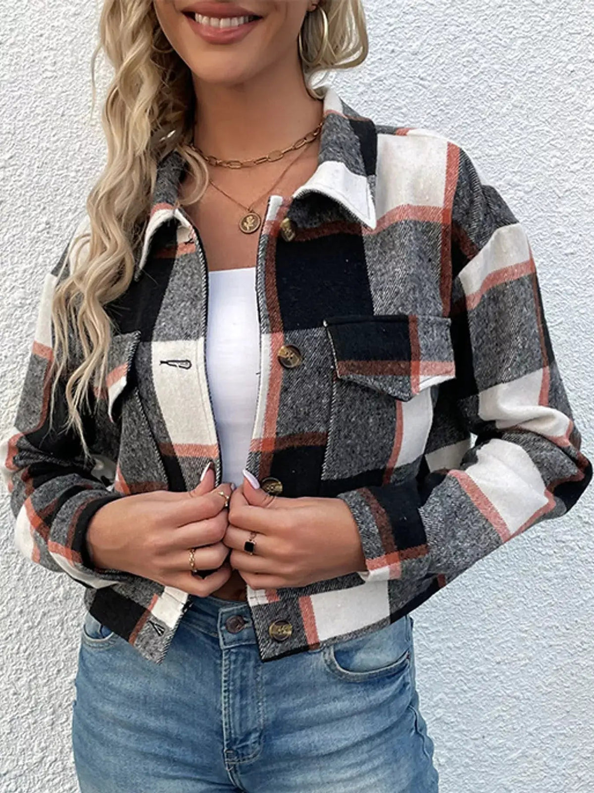 Blue Plaid Button Front Cropped Pocketed Jacket - Bitsy Gypsy Boutique