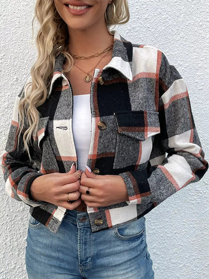 Blue Plaid Button Front Cropped Pocketed Jacket - Bitsy Gypsy Boutique