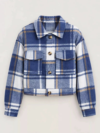 Blue Plaid Button Front Cropped Pocketed Jacket - Bitsy Gypsy Boutique