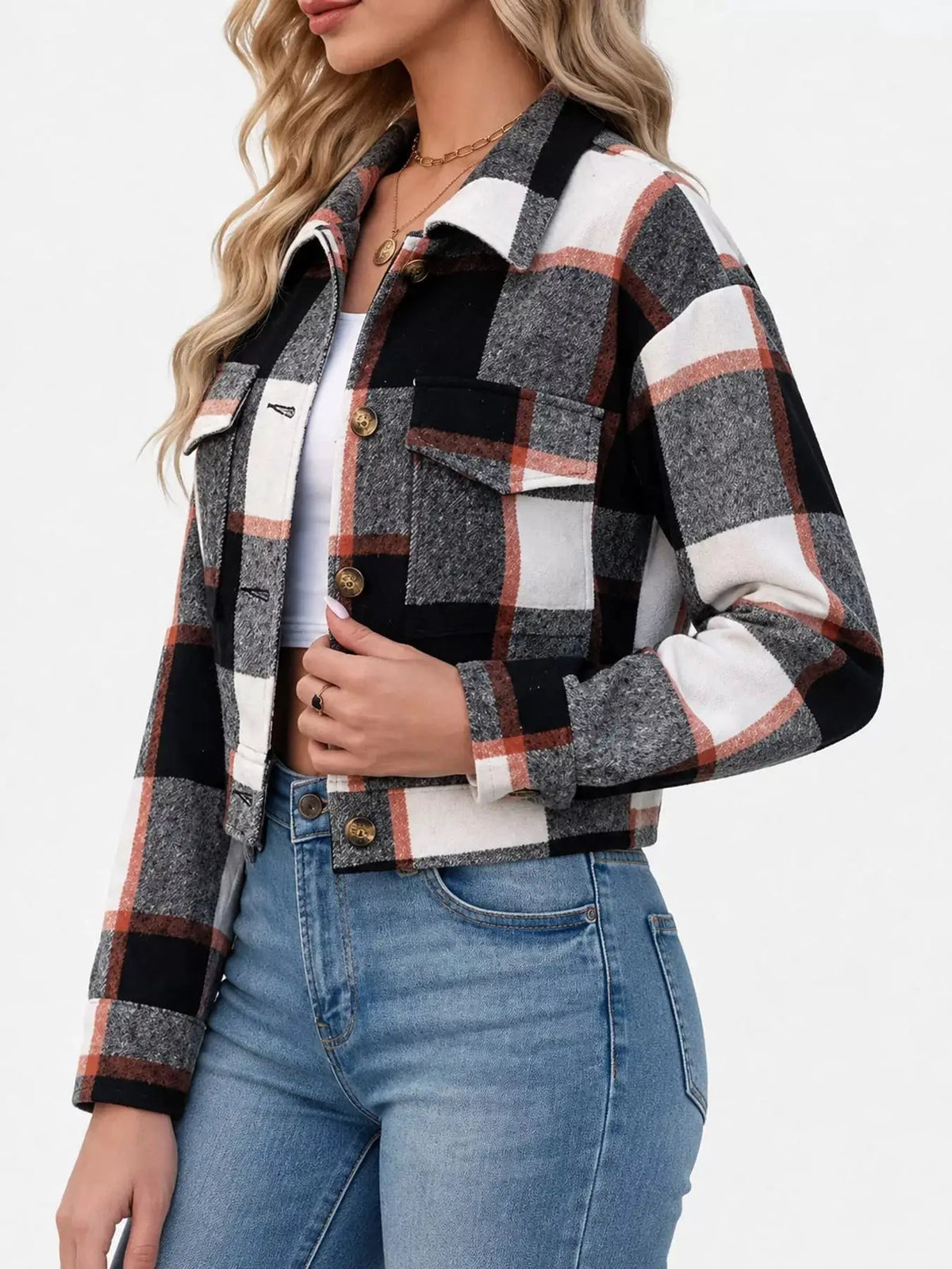 Blue Plaid Button Front Cropped Pocketed Jacket - Bitsy Gypsy Boutique