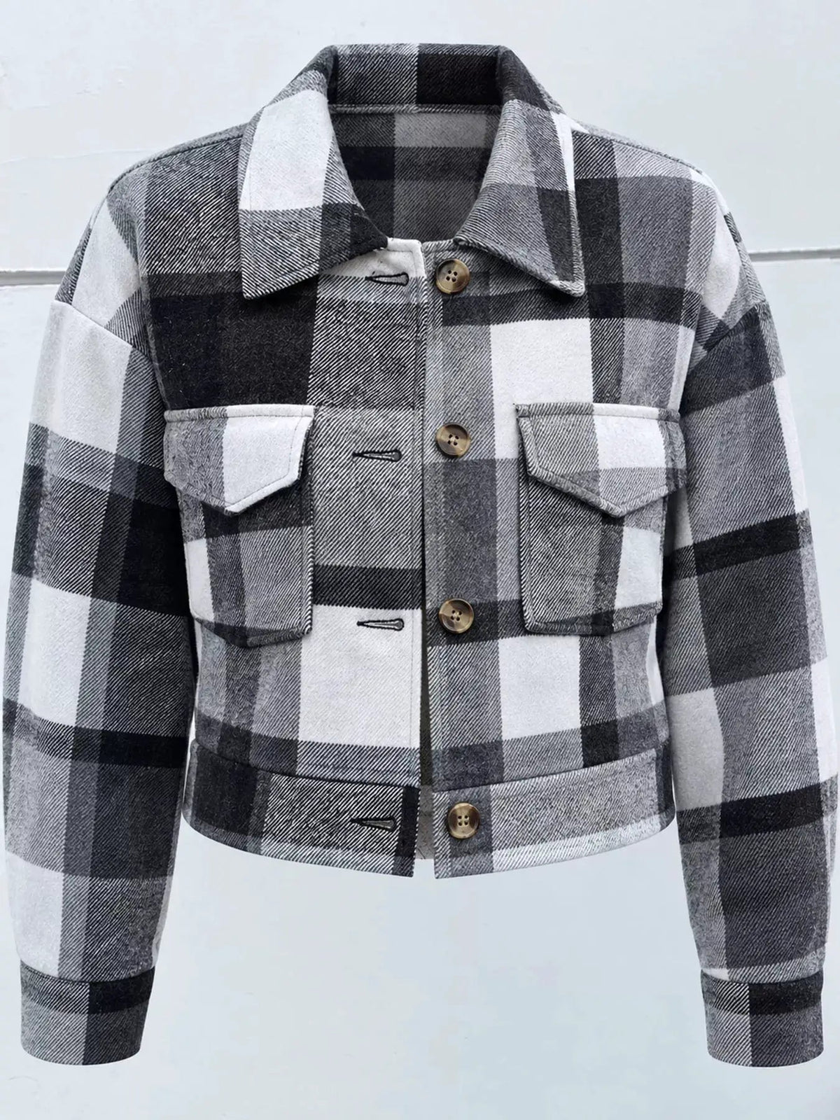 Blue Plaid Button Front Cropped Pocketed Jacket - Bitsy Gypsy Boutique
