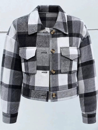 Blue Plaid Button Front Cropped Pocketed Jacket - Bitsy Gypsy Boutique