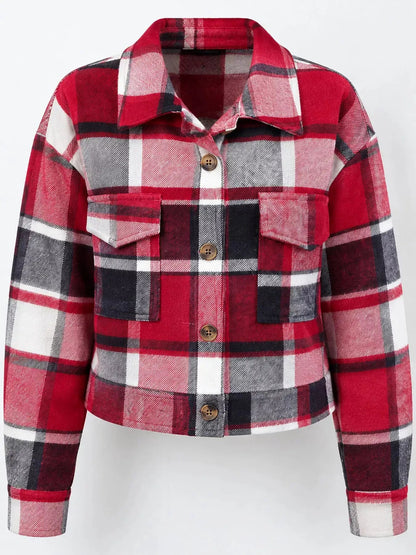 Blue Plaid Button Front Cropped Pocketed Jacket - Bitsy Gypsy Boutique