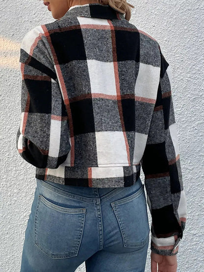 Blue Plaid Button Front Cropped Pocketed Jacket - Bitsy Gypsy Boutique