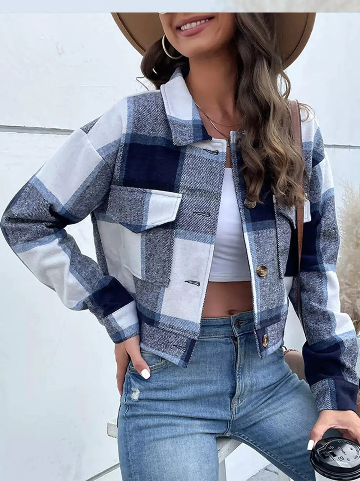 Blue Plaid Button Front Cropped Pocketed Jacket - Bitsy Gypsy Boutique