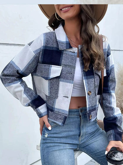 Blue Plaid Button Front Cropped Pocketed Jacket - Bitsy Gypsy Boutique