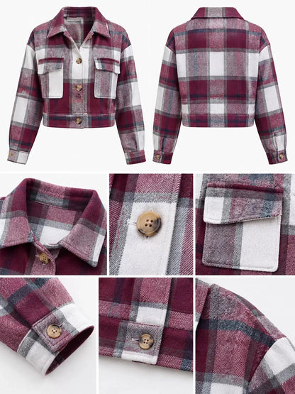 Blue Plaid Button Front Cropped Pocketed Jacket - Bitsy Gypsy Boutique