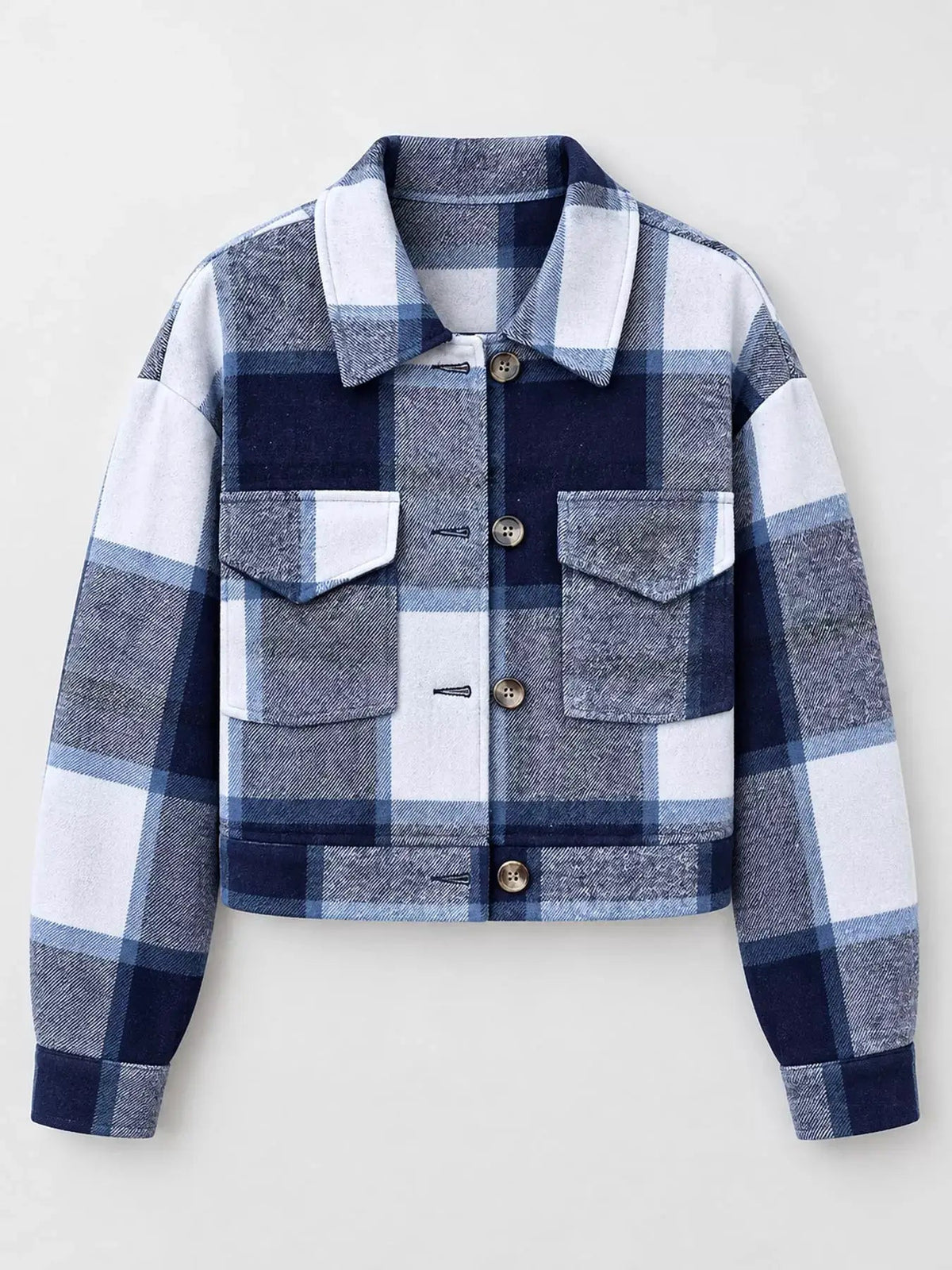 Blue Plaid Button Front Cropped Pocketed Jacket - Bitsy Gypsy Boutique