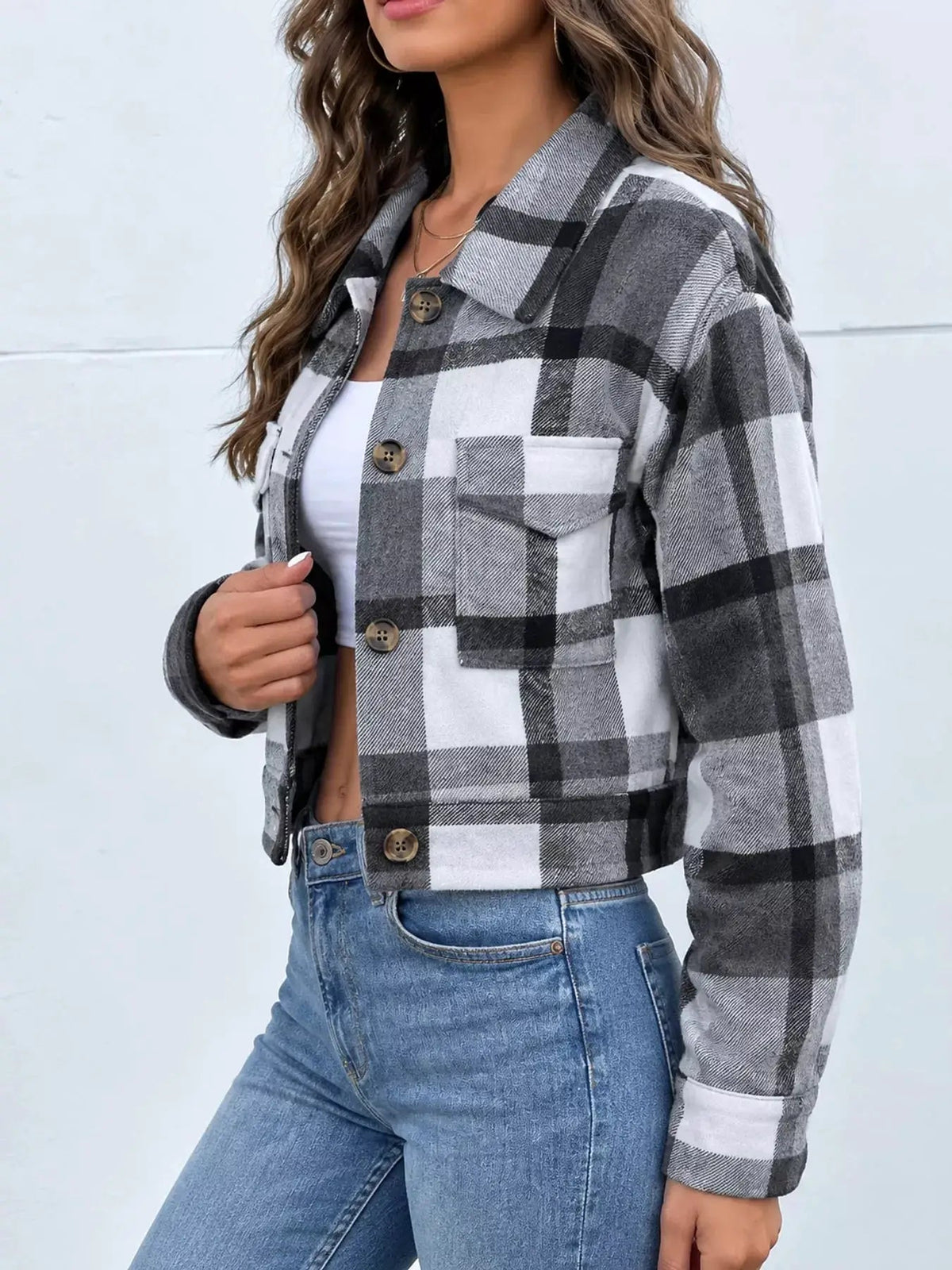 Blue Plaid Button Front Cropped Pocketed Jacket - Bitsy Gypsy Boutique