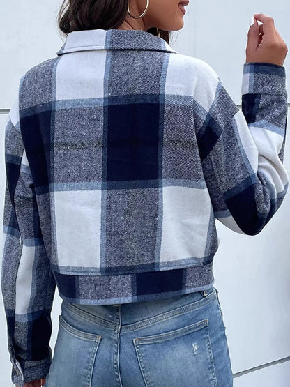 Blue Plaid Button Front Cropped Pocketed Jacket - Bitsy Gypsy Boutique