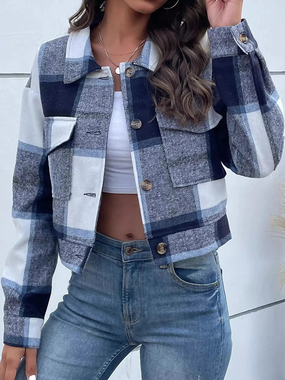 Blue Plaid Button Front Cropped Pocketed Jacket - Bitsy Gypsy Boutique