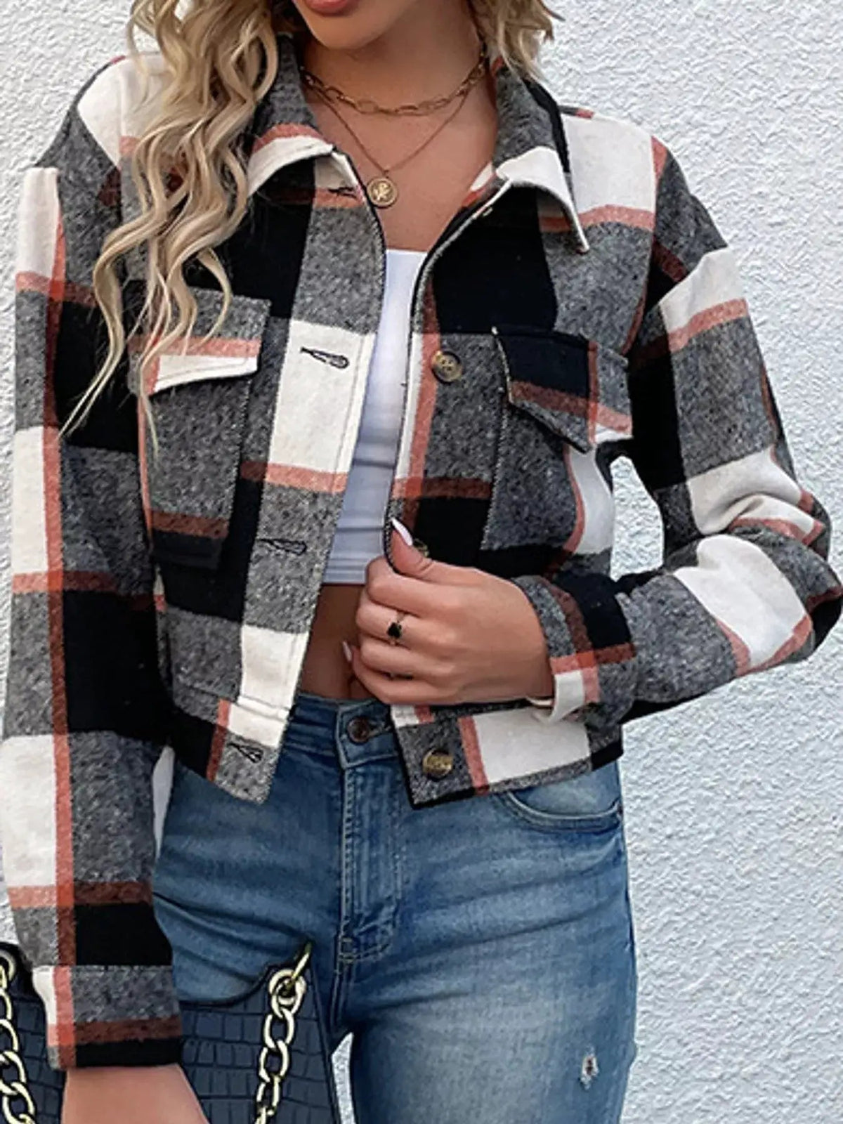 Blue Plaid Button Front Cropped Pocketed Jacket - Bitsy Gypsy Boutique