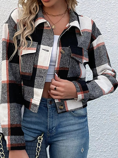 Blue Plaid Button Front Cropped Pocketed Jacket - Bitsy Gypsy Boutique