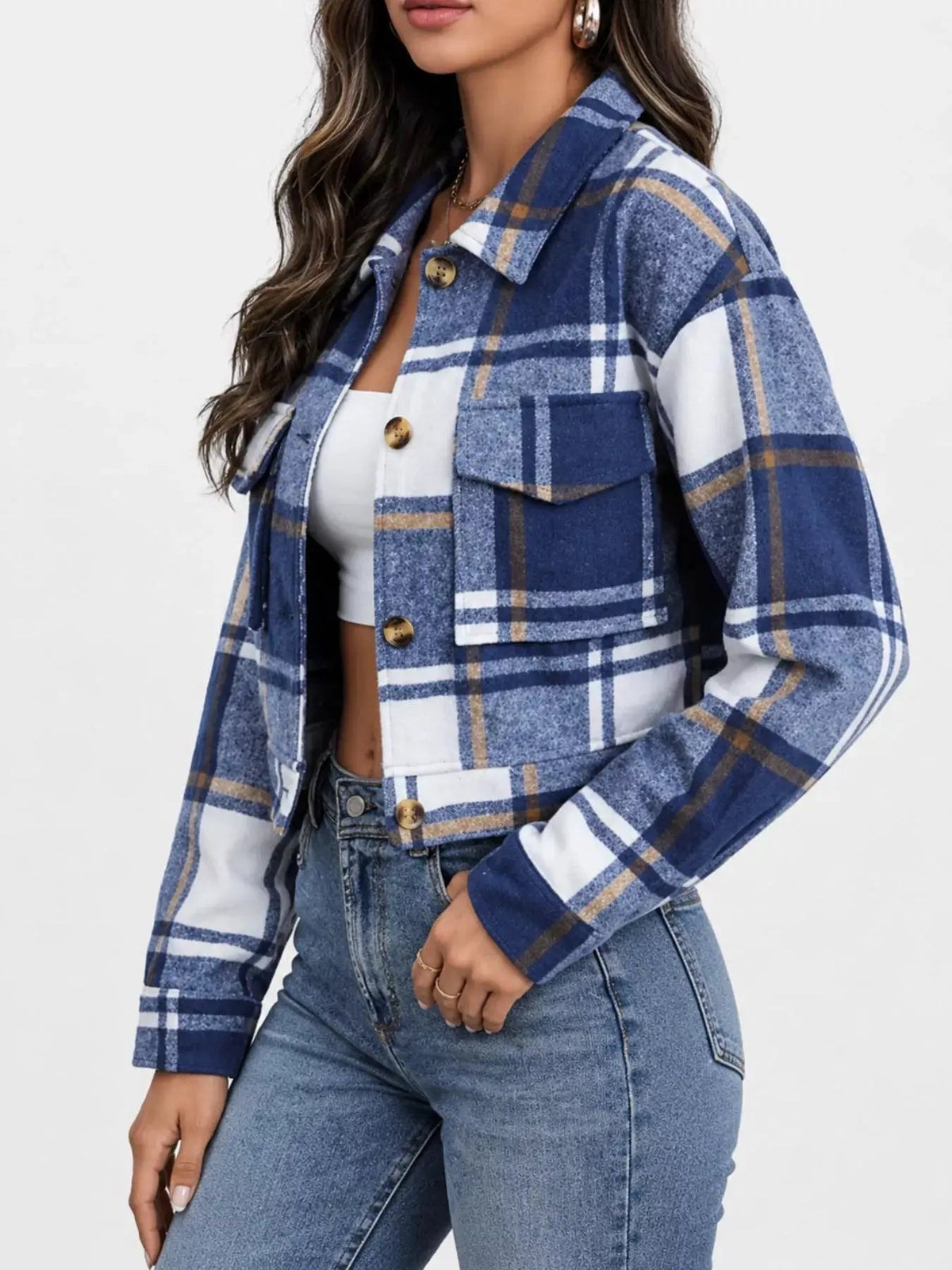Blue Plaid Button Front Cropped Pocketed Jacket - Bitsy Gypsy Boutique