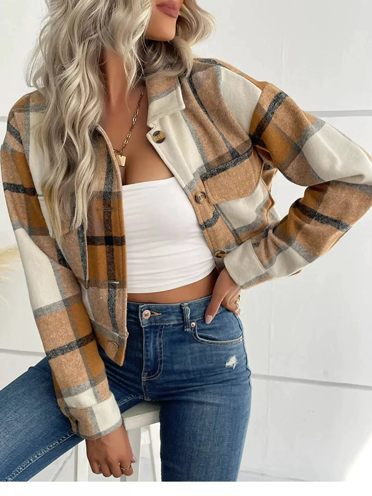 Blue Plaid Button Front Cropped Pocketed Jacket - Bitsy Gypsy Boutique