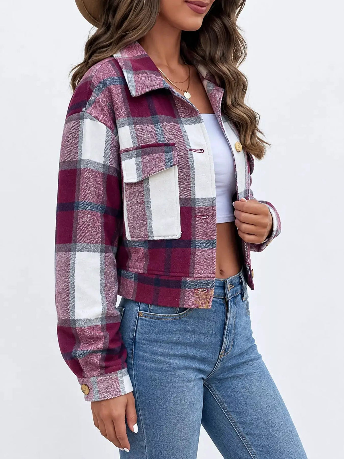 Blue Plaid Button Front Cropped Pocketed Jacket - Bitsy Gypsy Boutique