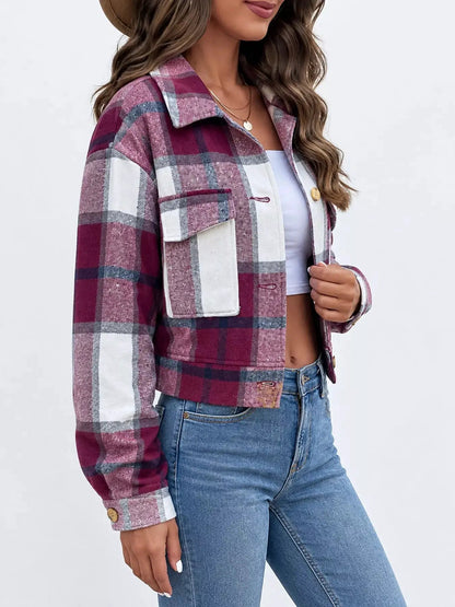 Blue Plaid Button Front Cropped Pocketed Jacket - Bitsy Gypsy Boutique