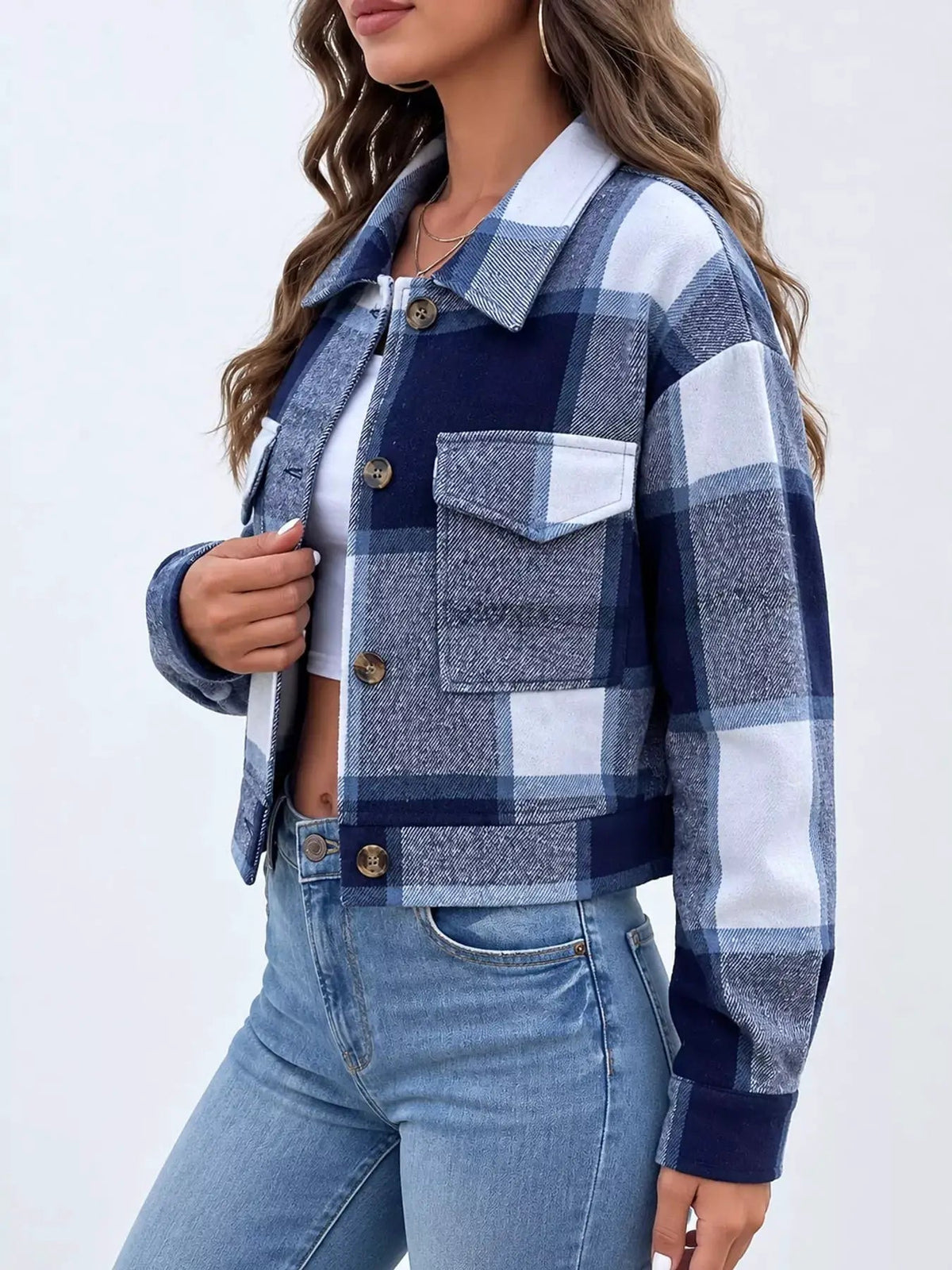 Blue Plaid Button Front Cropped Pocketed Jacket - Bitsy Gypsy Boutique