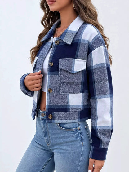 Blue Plaid Button Front Cropped Pocketed Jacket - Bitsy Gypsy Boutique