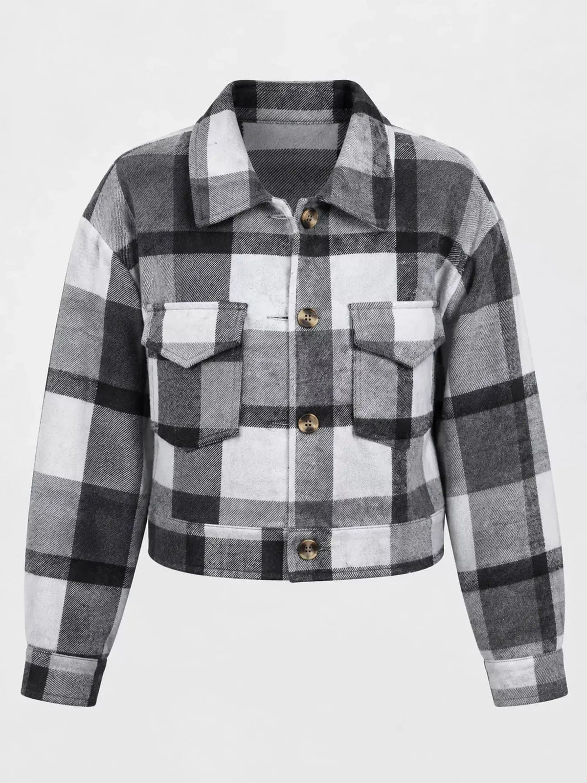Blue Plaid Button Front Cropped Pocketed Jacket - Bitsy Gypsy Boutique