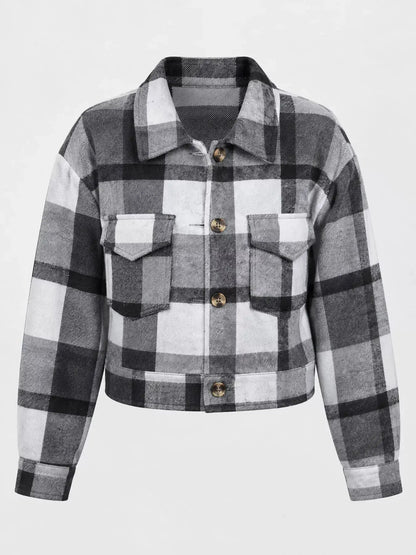 Blue Plaid Button Front Cropped Pocketed Jacket - Bitsy Gypsy Boutique
