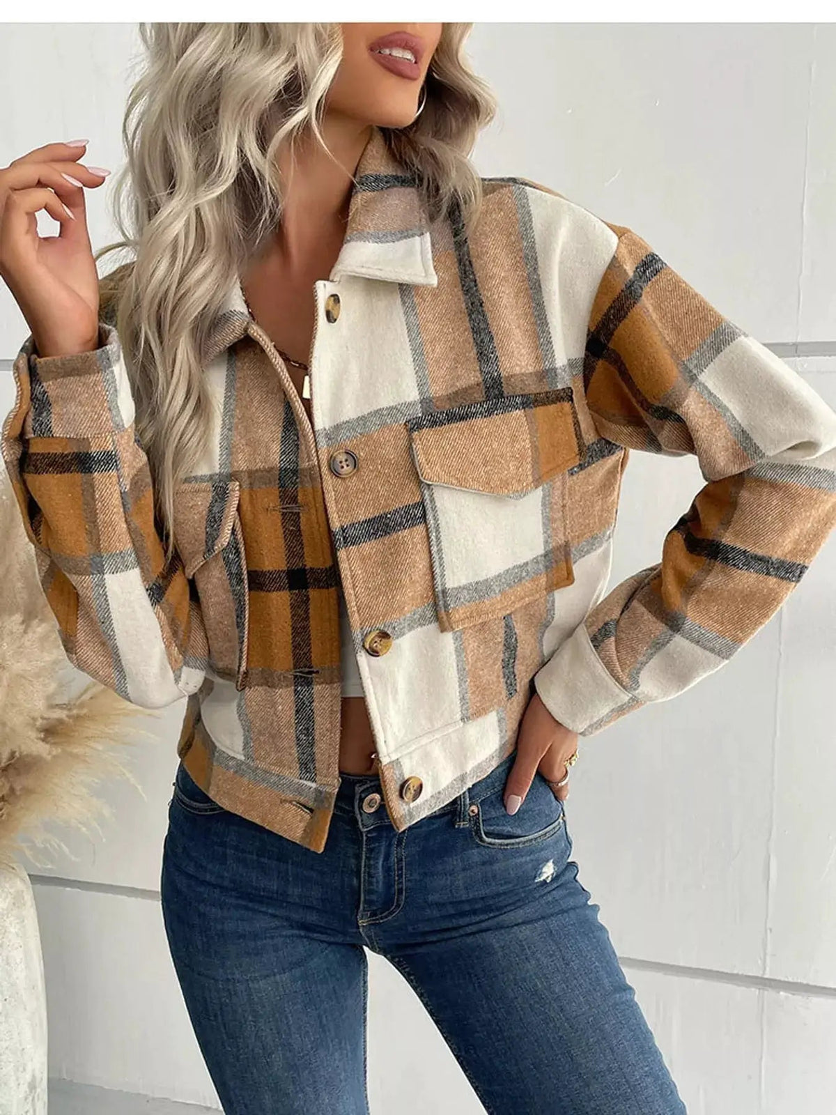 Blue Plaid Button Front Cropped Pocketed Jacket - Bitsy Gypsy Boutique