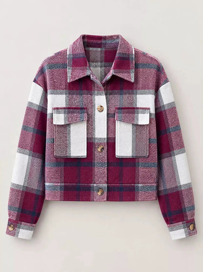 Blue Plaid Button Front Cropped Pocketed Jacket - Bitsy Gypsy Boutique