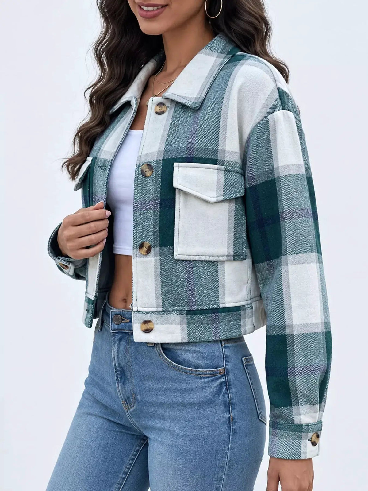 Blue Plaid Button Front Cropped Pocketed Jacket - Bitsy Gypsy Boutique