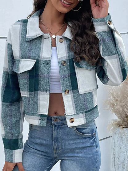 Blue Plaid Button Front Cropped Pocketed Jacket - Bitsy Gypsy Boutique