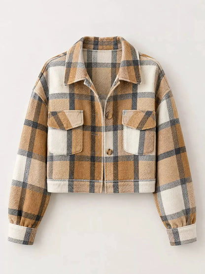Blue Plaid Button Front Cropped Pocketed Jacket - Bitsy Gypsy Boutique