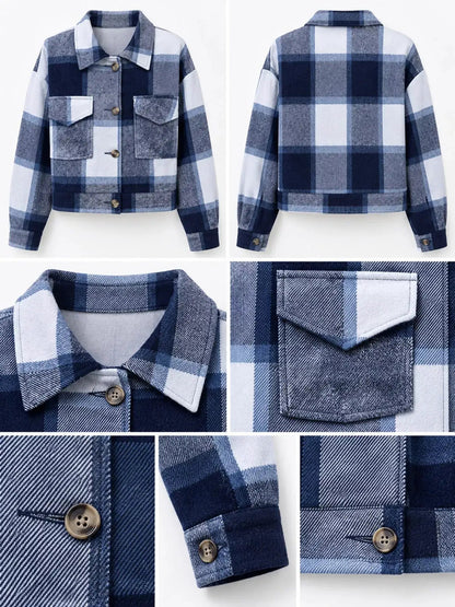 Blue Plaid Button Front Cropped Pocketed Jacket - Bitsy Gypsy Boutique