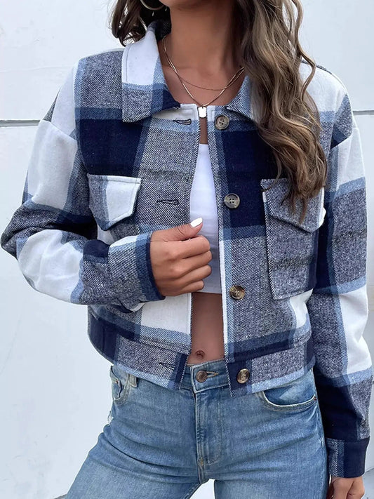 Blue Plaid Button Front Cropped Pocketed Jacket - Bitsy Gypsy Boutique