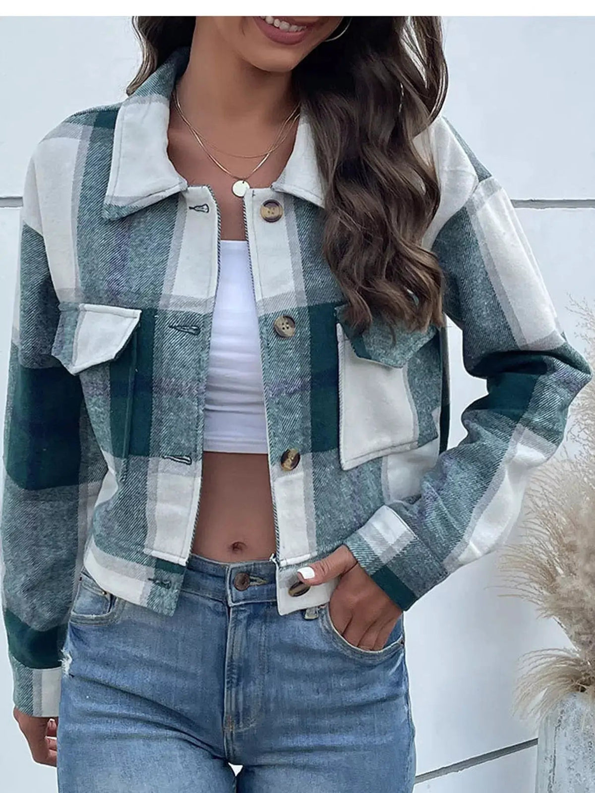 Blue Plaid Button Front Cropped Pocketed Jacket - Bitsy Gypsy Boutique