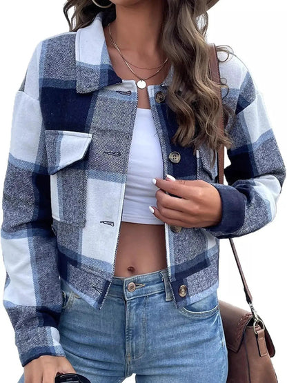 Blue Plaid Button Front Cropped Pocketed Jacket - Bitsy Gypsy Boutique