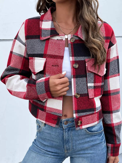 Blue Plaid Button Front Cropped Pocketed Jacket - Bitsy Gypsy Boutique