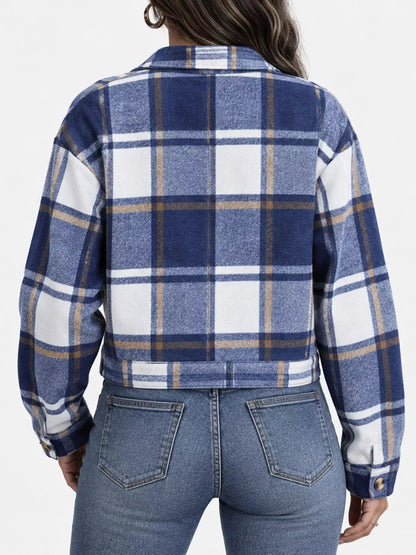 Blue Plaid Button Front Cropped Pocketed Jacket - Bitsy Gypsy Boutique