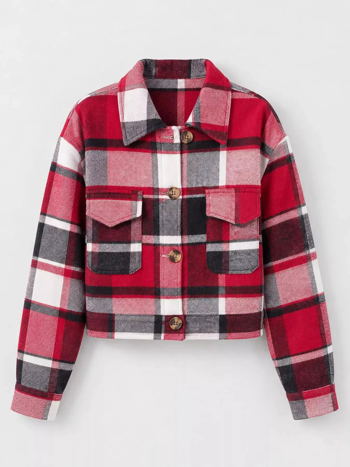 Blue Plaid Button Front Cropped Pocketed Jacket - Bitsy Gypsy Boutique
