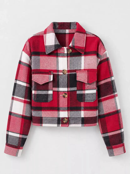 Blue Plaid Button Front Cropped Pocketed Jacket - Bitsy Gypsy Boutique