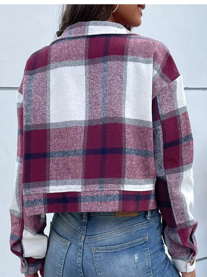 Blue Plaid Button Front Cropped Pocketed Jacket - Bitsy Gypsy Boutique