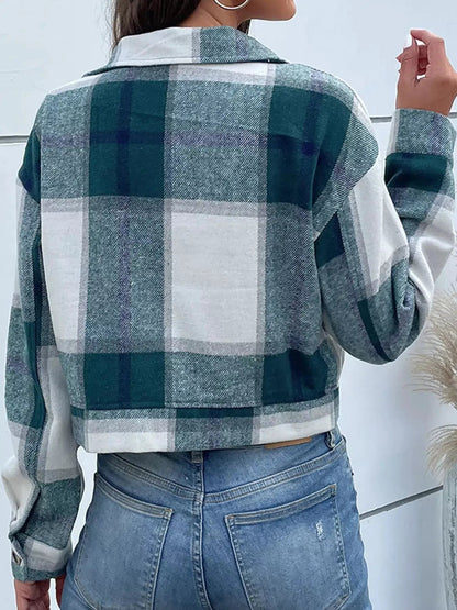 Blue Plaid Button Front Cropped Pocketed Jacket - Bitsy Gypsy Boutique