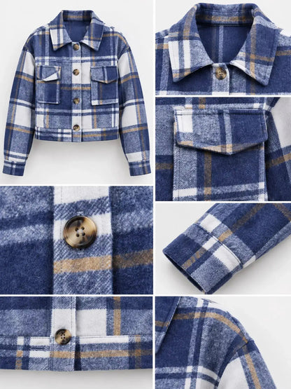 Blue Plaid Button Front Cropped Pocketed Jacket - Bitsy Gypsy Boutique
