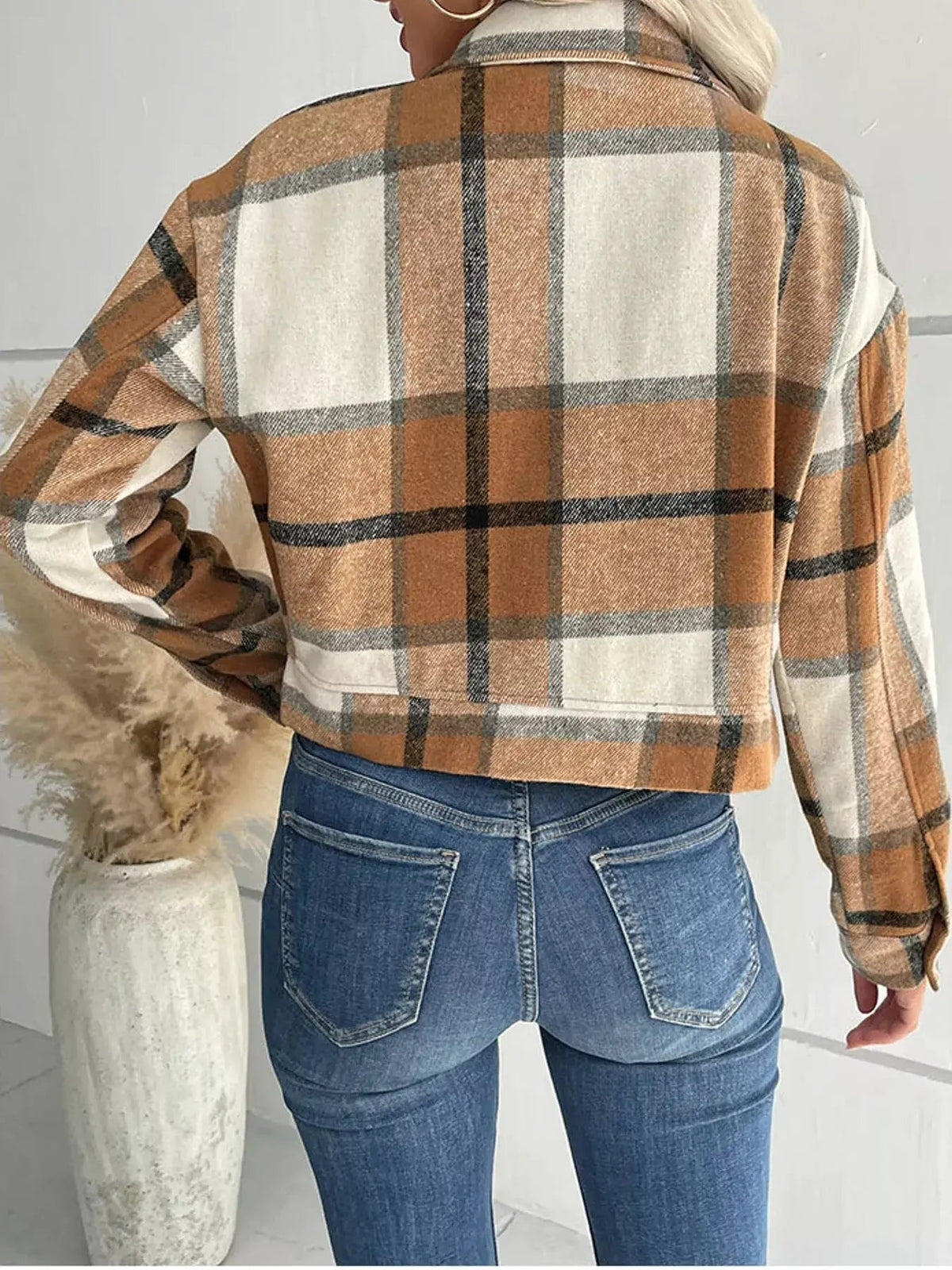 Blue Plaid Button Front Cropped Pocketed Jacket - Bitsy Gypsy Boutique